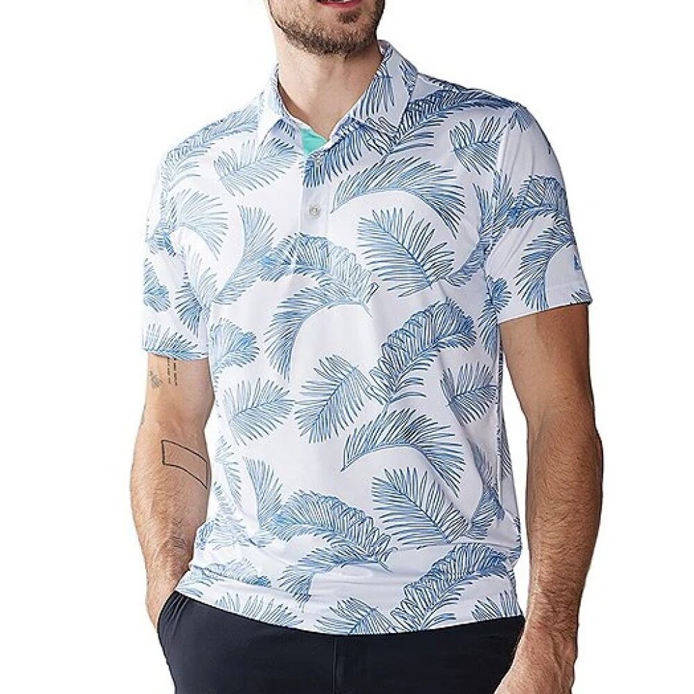 Chubbies Plant Dad Palm Leaf Short Sleeve Performance Polo Mens Small White Blue